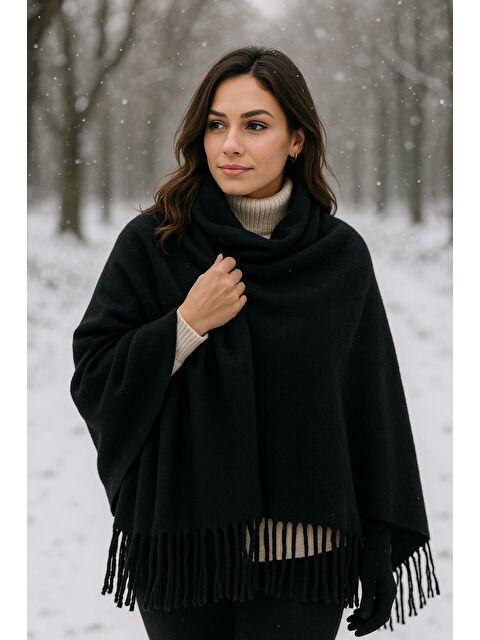 Luminos Butik Siyah Püsküllü Atkı – Şal Ve Geniş Yapı, Soğuk Hava Için Ideal Sal1296 - S000474564-19351
