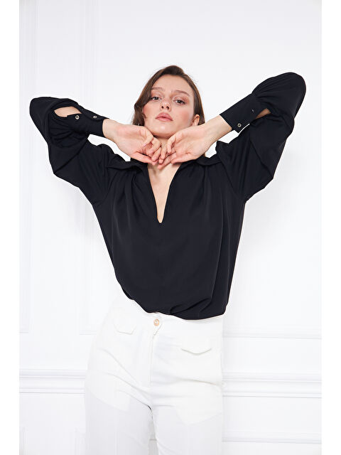 Comstar Kadın Trend Balon Kol Oversize Siyah Bluz Gömlek