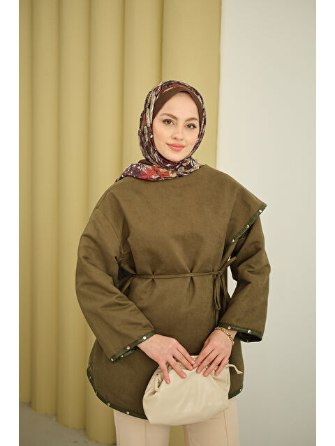 Locco Moda Kadın Dikişleri Deri Detay Ceket Haki Yeşil - S000494374-18547