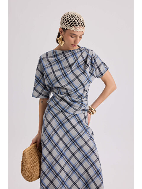 Mai Collection Petunya Ekoseli Mavi Crop Etek Takım