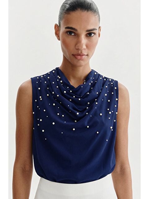 SATEEN İnci Detaylı Bluz - Lacivert