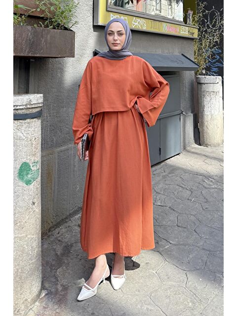 Lamelif Etekli Tesettür Takım Kiremit - S000515385-18657