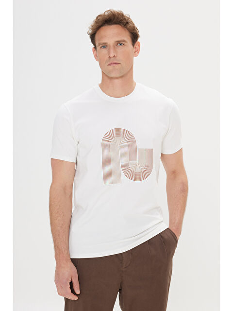 Altınyıldız Classics Erkek Beyaz Slim Fit Dar Kesim Pamuklu Esnek Baskılı Bisiklet Yaka Tişört - S000481794-20063