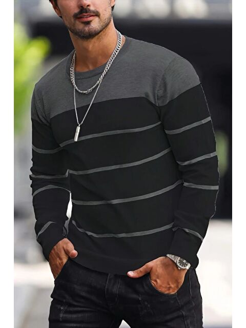 Oksit Santi Slim Fit Çizgili Bisiklet Yaka Erkek Triko Kazak - S000459199-33408