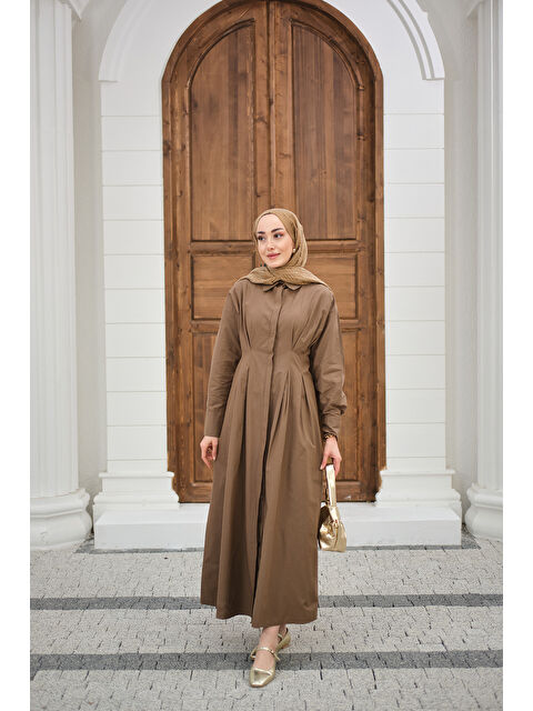 Locco Moda Kadın Beli Pileli Gömlek Yaka Gizli Düğmeli Elbise Kahverengi - S000529866-19413