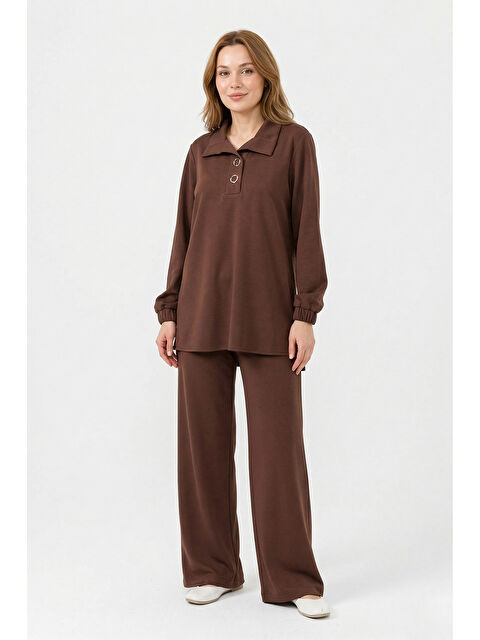 Remsa Yaka Detay Örme Modal Takım 19464 Kahverengi