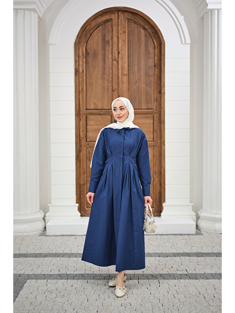 Locco Moda Kadın Beli Pileli Gömlek Yaka Gizli Düğmeli Elbise Lacivert - S000529866-21164