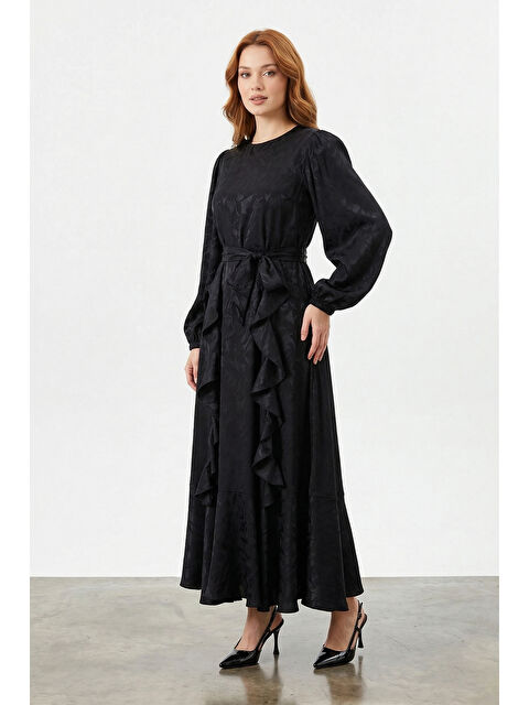 Remsa Desenli Jakar Detay Saten Elbise 13255 Siyah