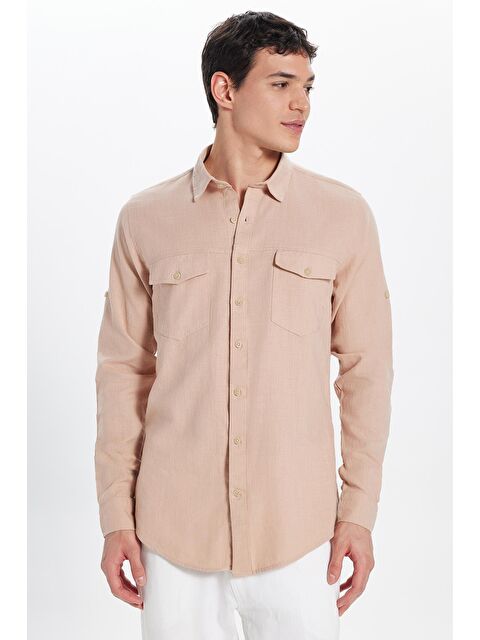 TUDORS Erkek Slim Fit Dar Kesim %100 Pamuk Keten Doku Çift Cep Spor Yaka Somon Gömlek