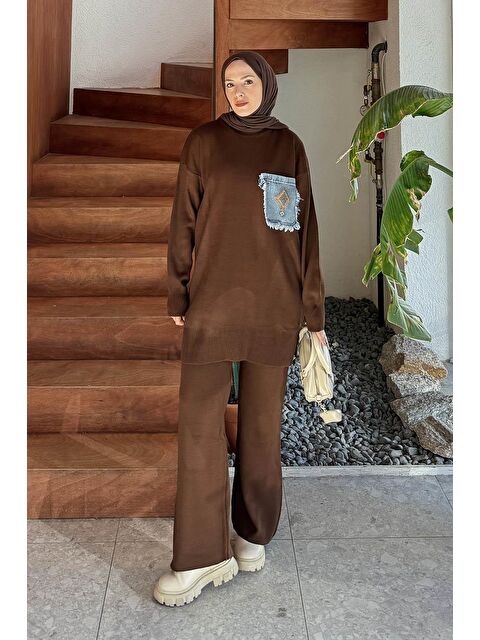 Lamelif Cep Detaylı Triko Takım Acı Kahverengi - S000515349-28102