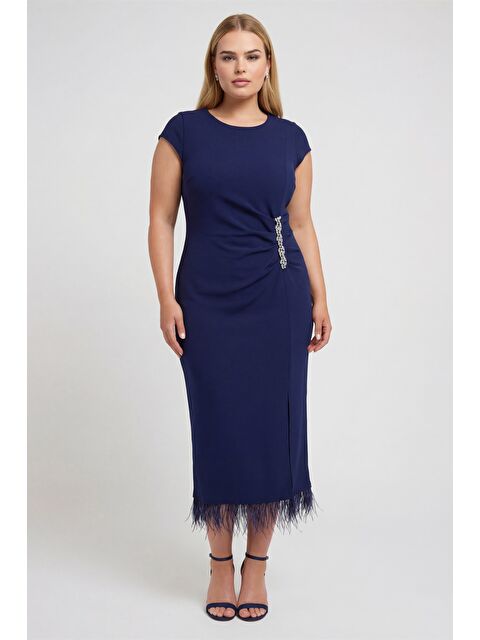 Lafaba Kadın Lacivert Büyük Beden Otrişli Örme Midi Abiye Elbise - S000493715-21164