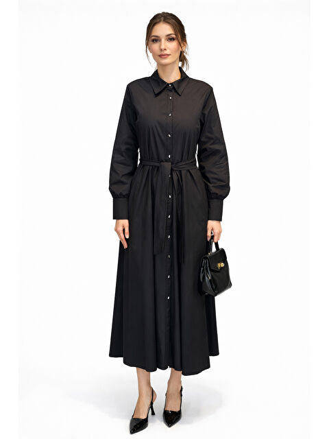Remsa Düğme Detay Poplin Elbise 13233 Siyah