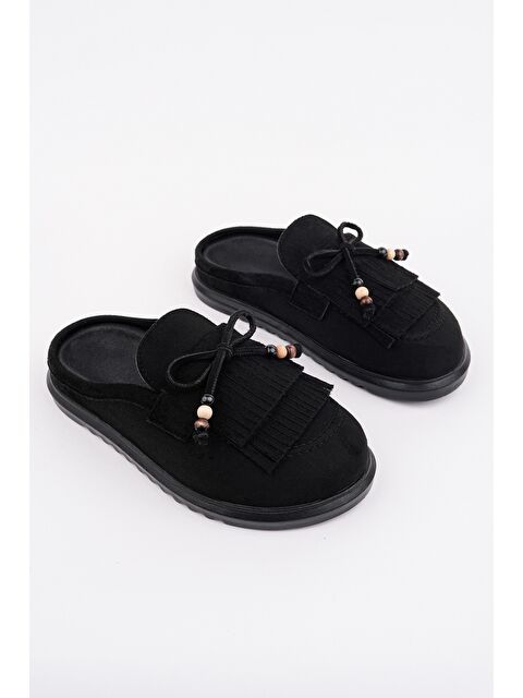 Muggo FRİNGE Süet Deri Fiyonk Detaylı Günlük Rahat Önü Kapalı Kadın Püsküllü Loafer Terlik