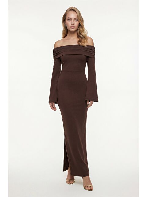 Lafaba Kadın Kahverengi Carmen Yaka Gece Abiye Elbise - S000493714-19413