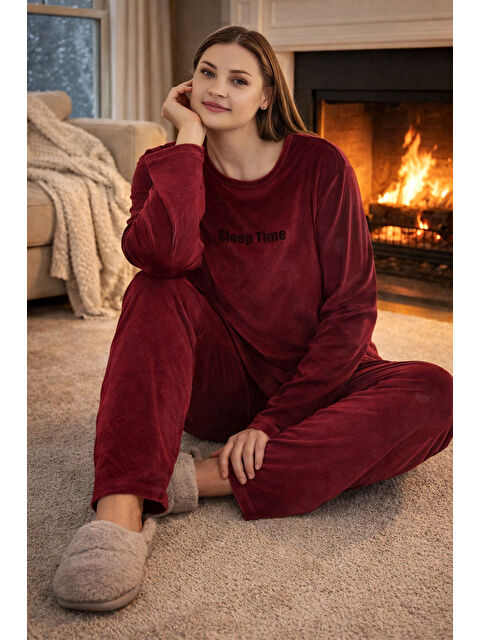 Remsa Büyük Beden Kadın Kadife Kumaş Pijama Takımı 13213-2957 Bordo - S000493716-19951