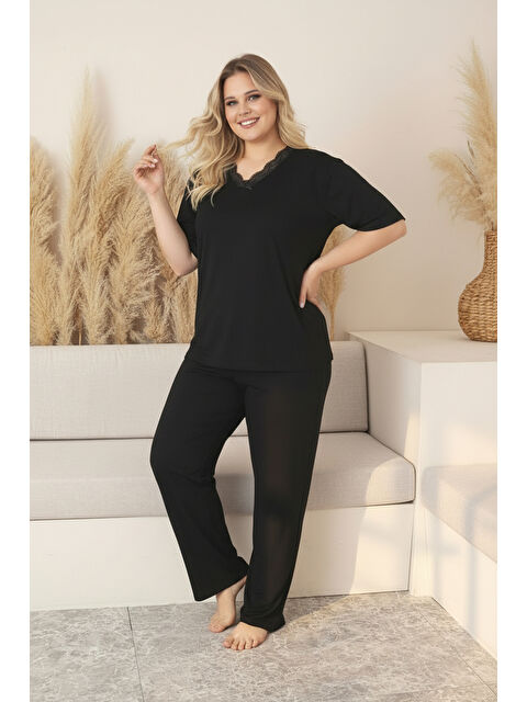 SEBOTEKS Yumuşak Dokulu Bambu Kumaş Kısa Kollu Büyük Beden Kadın Pijama Takımı 335 - S000510423-19351