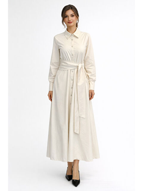 Remsa Bağlama Detay Poplin Elbise 13254 Bej