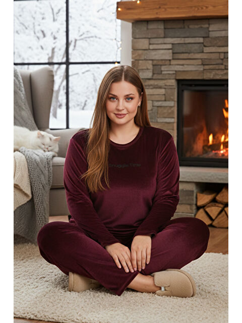 Remsa Büyük Beden Kadın Kadife Kumaş Pijama Takımı 13212 Mürdüm - S000482315-20036