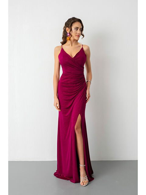 Lafaba Kadın Fuşya Sırt Dekolteli Simli Uzun Abiye Elbise - S000482798-18686