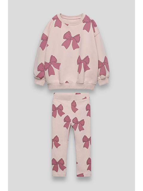 Magu Kız Çocuk Kurdela Desenli Kışlık 3 İplik Pamuklu Sweatshirt Tayt Alt-Üst Takım - S000516485-37243