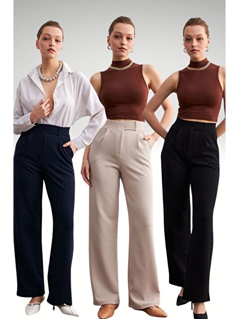 Trendseninle 3lü Set Bej Laci Siyah Elastanlı Cırt Kapama Palazzo Pantolon - S000453423-37659