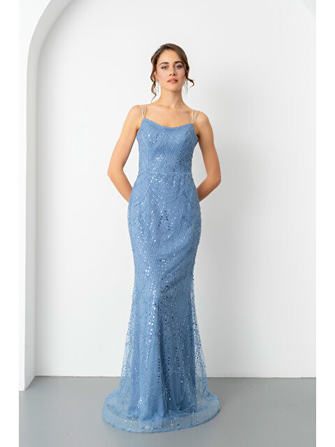 Lafaba Kadın İndigo Askılı Boncuklu Uzun Balık Abiye Elbise - S000449510-23093