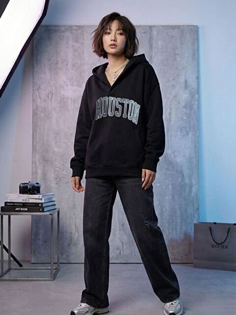 Trendseninle Siyah Houston Baskılı Relax Yaka Oversize Kapüşonlu Sweatshirt