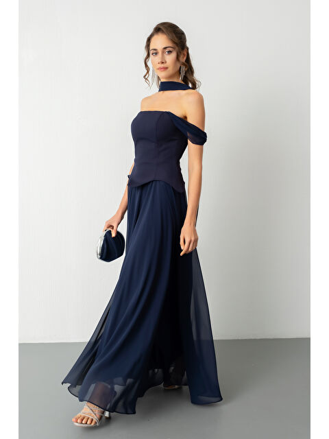 Lafaba Kadın Lacivert Şal Yaka Straplez Söz Nişan Abiye Elbise - S000449509-21164