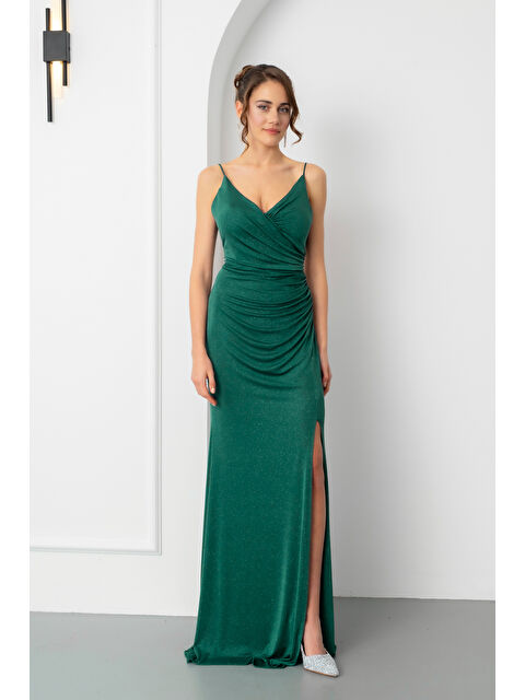 Lafaba Kadın Zümrüt Yeşili Sırt Dekolteli Simli Uzun Abiye Elbise - S000482798-18709