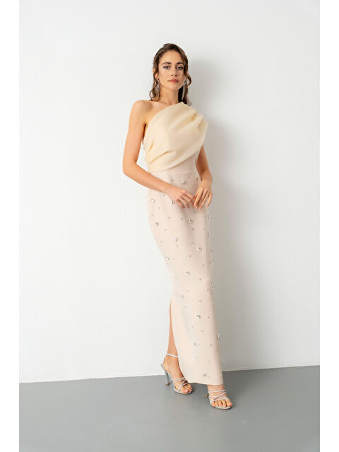 Lafaba Kadın Bej Tek Omuz Taşlı Söz Nişan Nikah Abiye Elbise - S000351364-19928