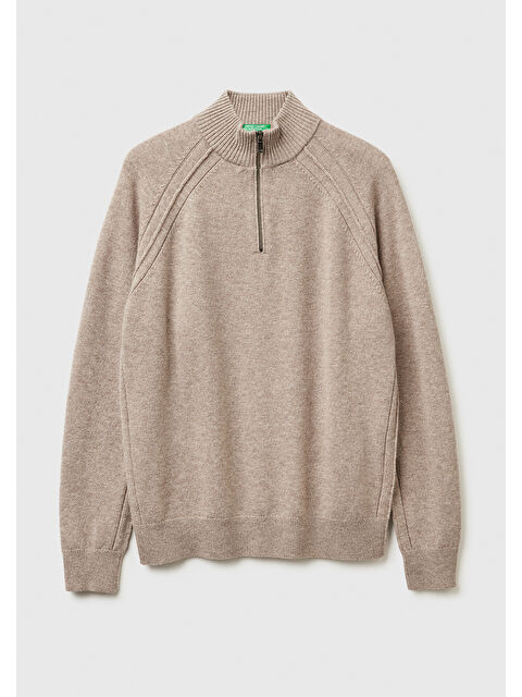 United Colors Of Benetton Erkek Bej Melanj %100 Yün Fermuar Detaylı Dik Yaka Kazak - S000513995-19928