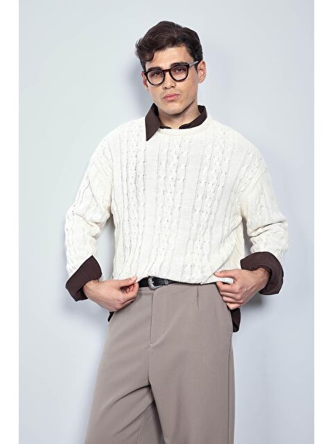 Abluka Online Erkek Oversize Örgü Desenli Triko %100 Pamuk Kazak Bej - S000447547-19928