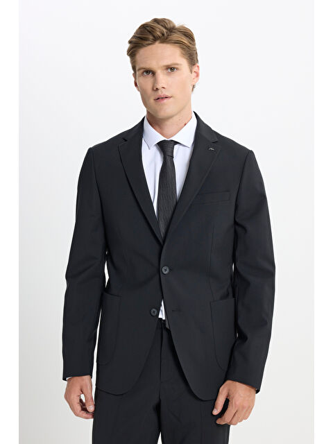 Altınyıldız Classics Erkek Siyah Yünlü Slim Fit Mono Yaka Torba Cepli Esnek Takım Elbise