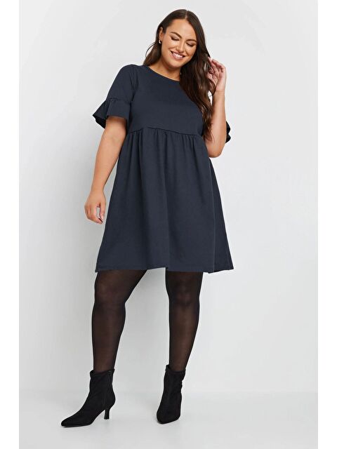 Stil Diva Büyük Beden Bisiklet Yaka Kısa Fırfır Kollu Beli Lastikli Mini Elbise 303646 - S000434670-21164