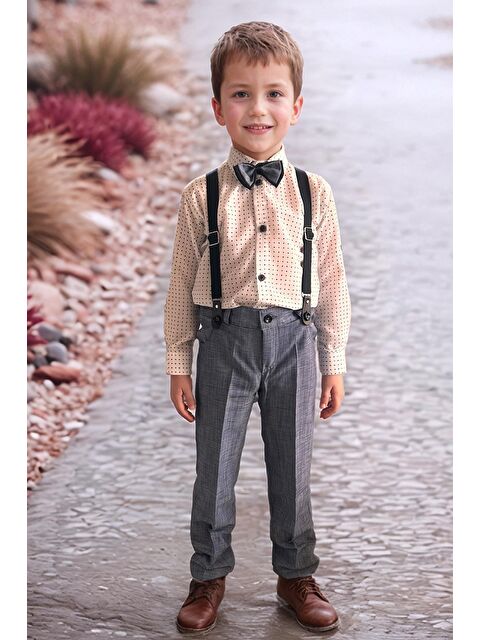 Riccotarz Erkek Bebek Desenli Gömlek, Papyon ve Askılı Mavi Pantolon Alt Üst Takım - S000403995-17234