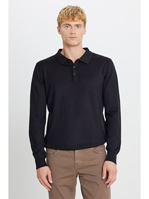 Altınyıldız Classics Erkek Siyah Yünlü Standart Fit Normal Kesim Polo Yaka Triko Kazak