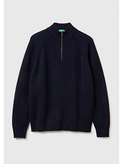 United Colors Of Benetton Erkek Lacivert %100 Yün Fermuar Detaylı Dik Yaka Kazak - S000513995-21164