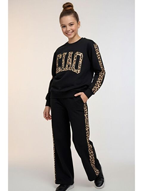 Breeze Kız Çocuk Eşofman Takımı Yazı Nakışlı Kenarları Leopar Desenli Siyah (9-14 Yaş) - S000502536-19351