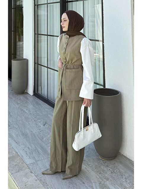 Lamelif Keten Çift Cepli Yelek Takım Haki - S000515397-18547