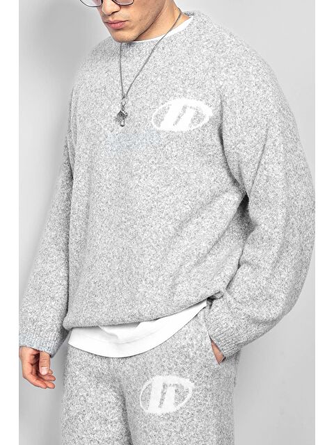 Abluka Online Erkek Oversize Boxy Fit Logo Detaylı Tüylü %100 Pamuk Kazak Gri - S000446676-20600