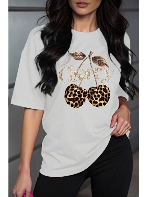 Oksit Gold Cherry Kadın Oversize Ön Baskılı Bisiklet Yaka Pamuklu T-Shirt Rahat Kesim - S000510426-20063