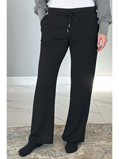 Remsa Beli Lastikli Pantolon Görünümlü Bol Paça Kadın Eşofman Altı 8015 Siyah - S000334093-19351