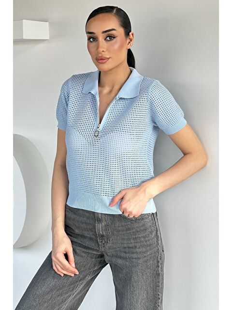 Gülseli Kadın Polo Yaka Yarım Fermuarlı Triko Bluz