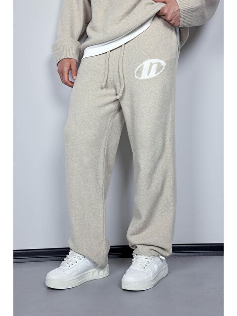 Abluka Online Erkek Oversize Logo Detaylı Tüylü %100 Pamuk Jogger Pantolon Bej - S000446677-19928