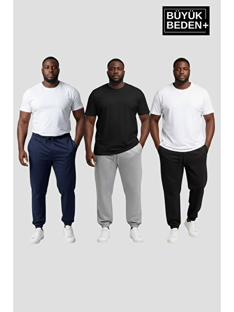 Süperlife Erkek Büyük Beden Üçlü Jogger Paça Lastikli İnce Eşofman Altı Seti SPR26BEA951+3 - S000487467-3491