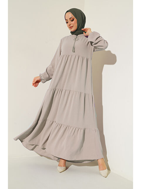 Bigdart 1627 Yaka Bağcıklı Tesettür Elbise - Taş - S000089374-25636