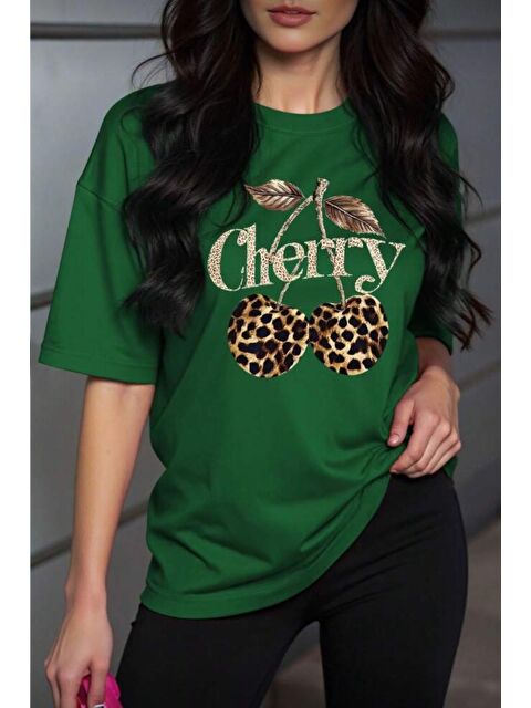 Oksit Gold Cherry Kadın Oversize Ön Baskılı Bisiklet Yaka Pamuklu T-Shirt Rahat Kesim - S000510426-18194