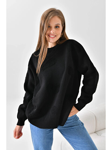 carla10 Kadın Kalp Desenli İnce Oversize Pembe Triko Kazak - S000493718-19351