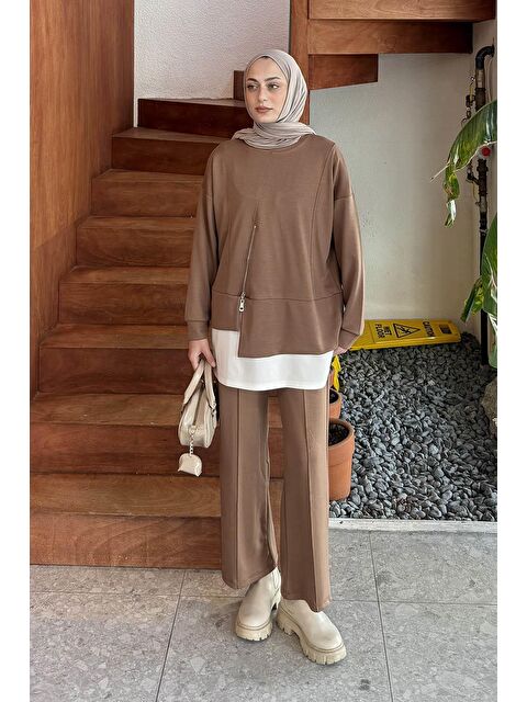 Lamelif Fermuarlı Garnili Takım Soft Kahve - S000515394-17365