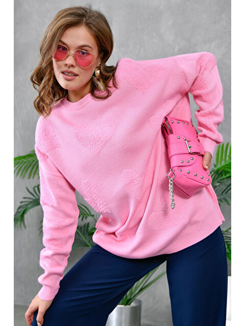 carla10 Kadın Kalp Desenli İnce Oversize Pembe Triko Kazak - S000493718-20024